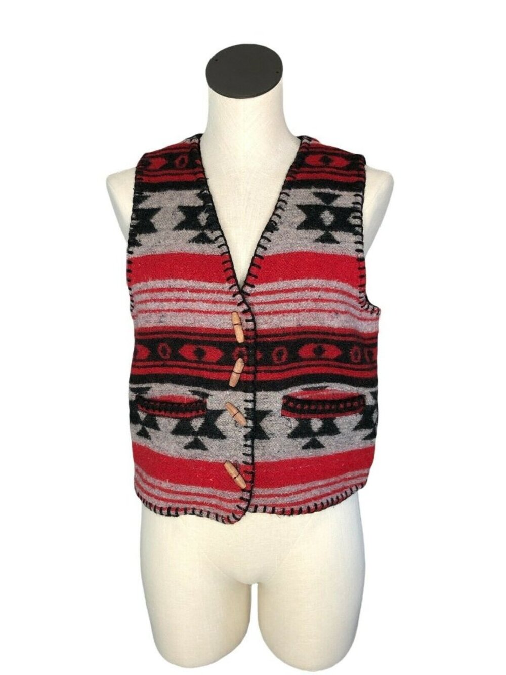 AtLast Vest Wool Blend Womens M Southwestern Red Black Gray Wood Buttons Pockets